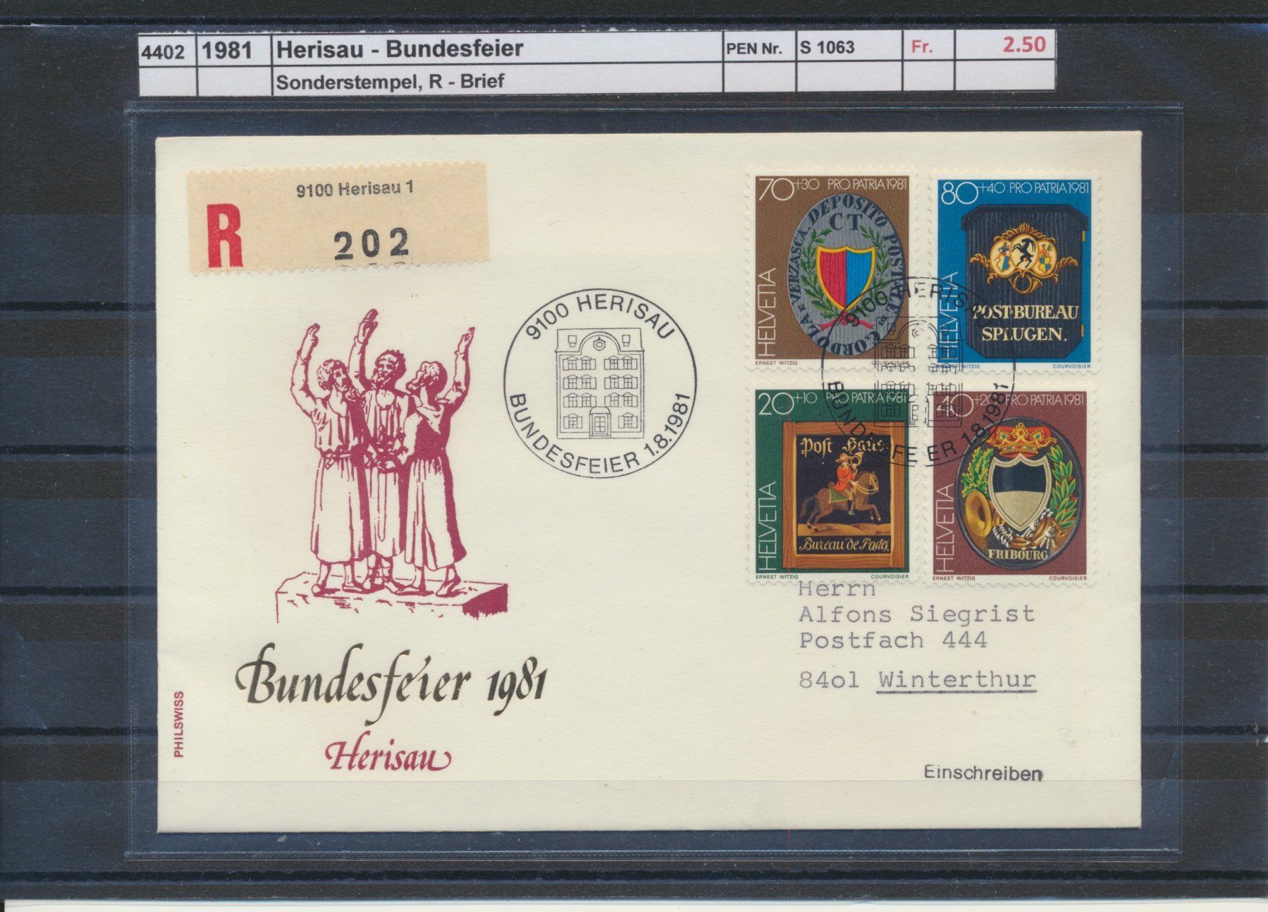 Tutti i francobolli: 1981 "Herisau - Bundesfeier", R - Brief – Usato da Winterthur venduto da Zupogeru