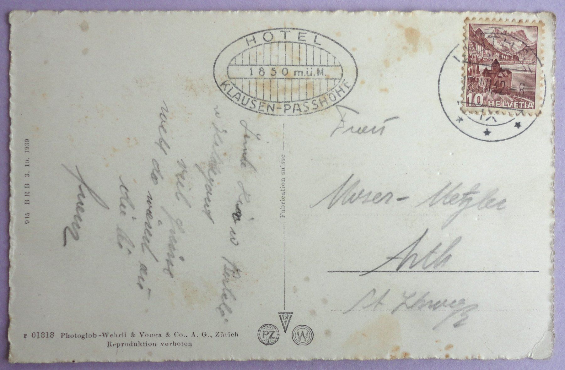 Cartoline postali: Hotel Klausen-Passhöhe 1850 m – Usato da Fétigny venduto da Billy2miny 1