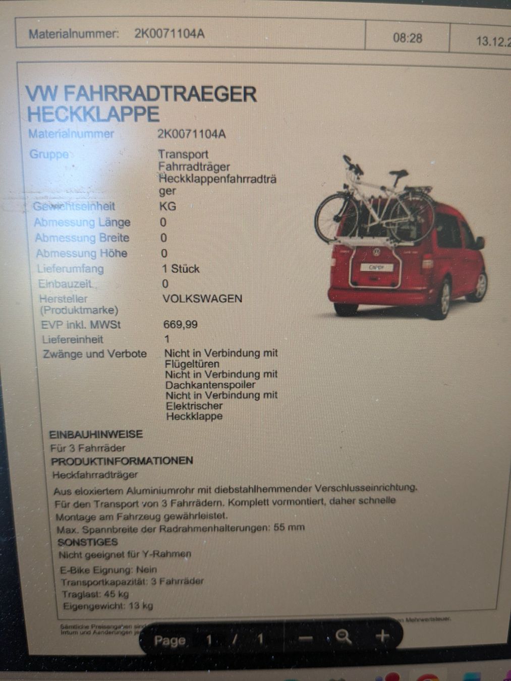 VW Tutti i ricambio: Fahrradträger Heckklappe VW Caddy – Usato da Zürich venduto da ann_jt7p 2