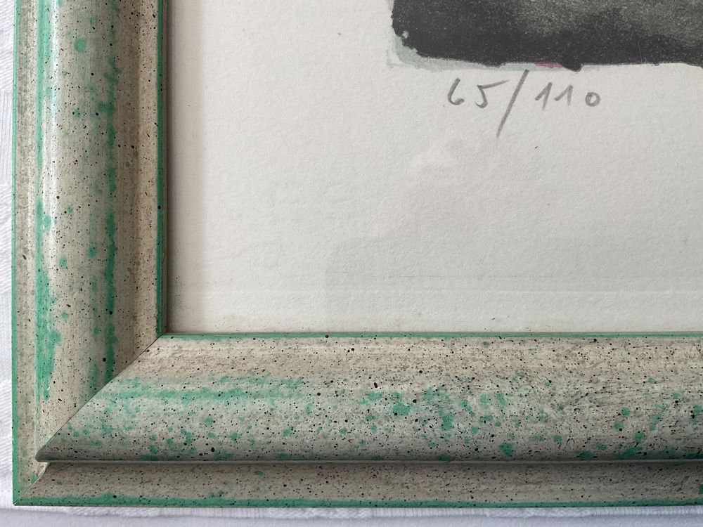 Lithographie von Geo Bretscher 1986. Katze auf Tisch 4