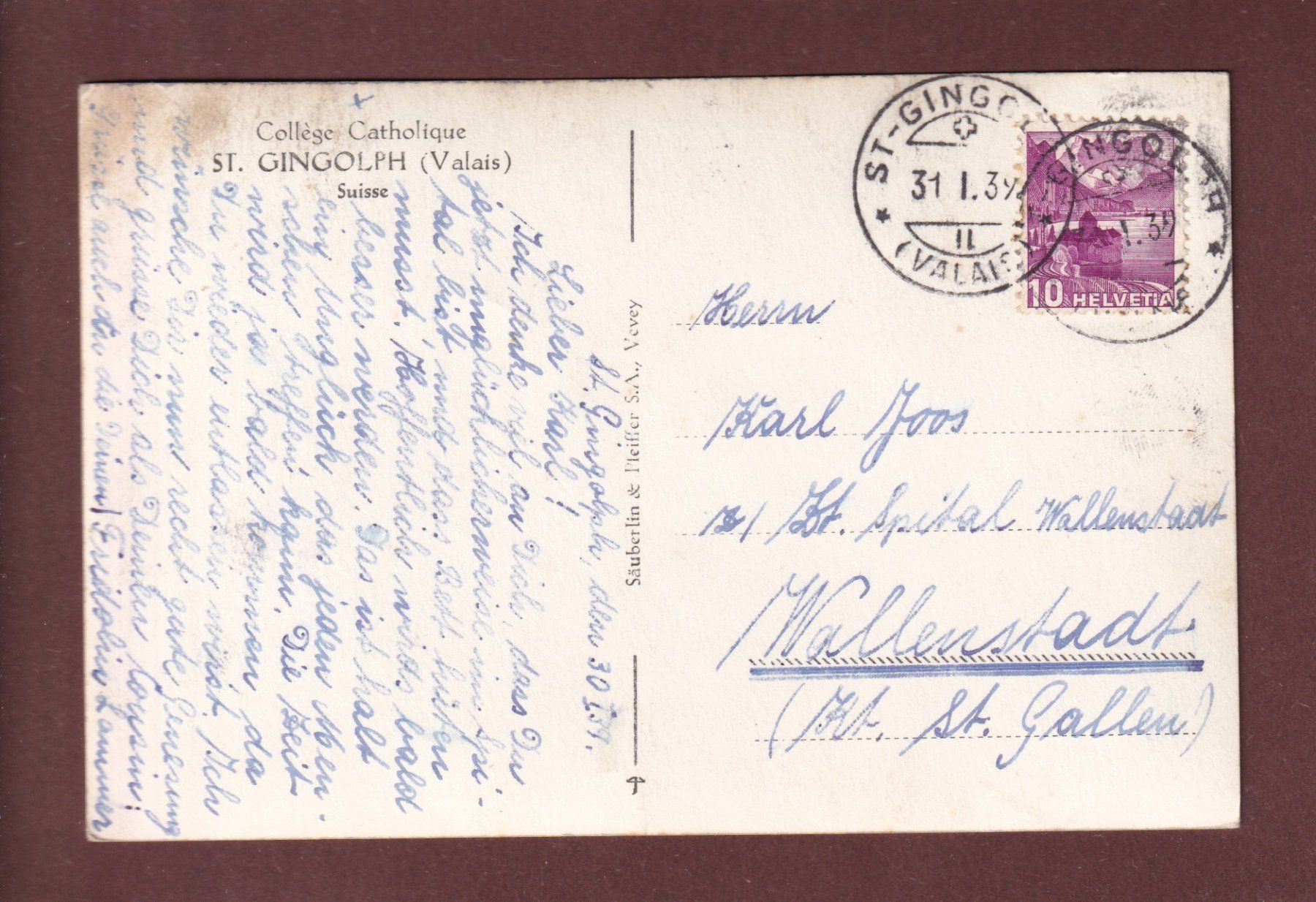 Ansichtskarten: ST. GINGOLPH - Collège Catholique - 1939 – Gebraucht aus Pully von nicecards-shop 1