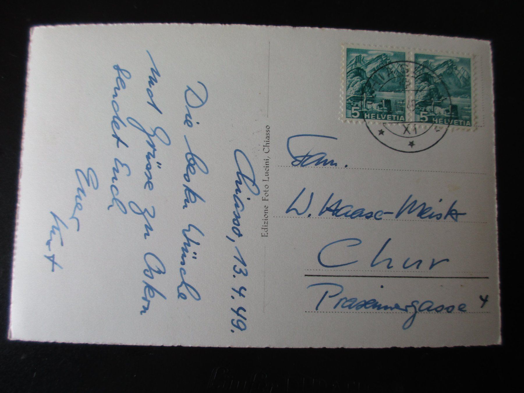 Cartoline postali: CHIASSO Stazione Int. / Gel. 1949 / Ansichtskarte – Usato da Eschenbach LU venduto da Jack1711 1