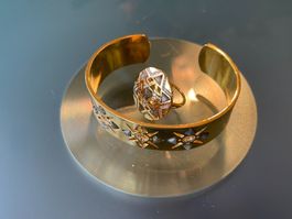 Armreif und Ring vergoldet Labradorit