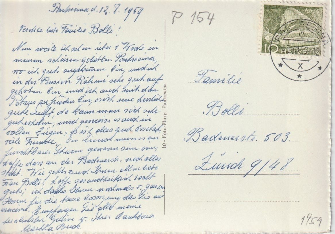 Cartoline postali: P 154 Pontresina, 1959 – Usato da Freienbach venduto da Bhaltis 1