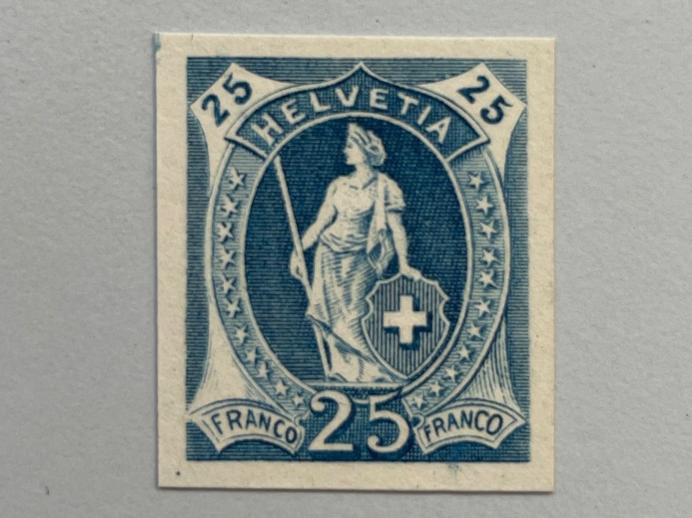 Tutti i francobolli: 1907, Farbprobe, Stehende Helvetia, 25C blau – Usato da Küssnacht am Rigi venduto da POSTOMASTER