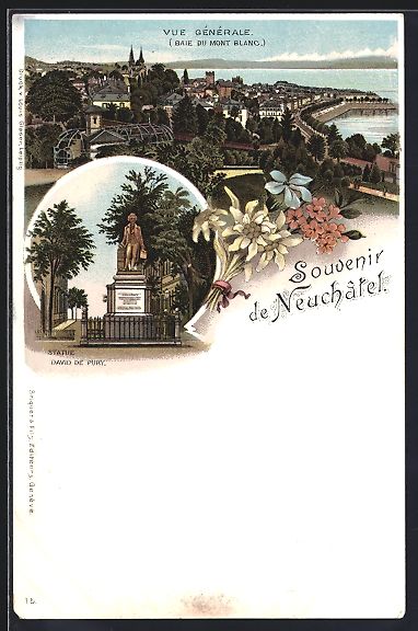 Ansichtskarten: Litho Neuchatel, Vue Generale, Statue Da – Gebraucht aus Berlin von bartko-reher