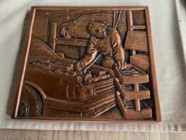 Kupferbild Werkstatt mit Auto und Mechaniker, Dekor