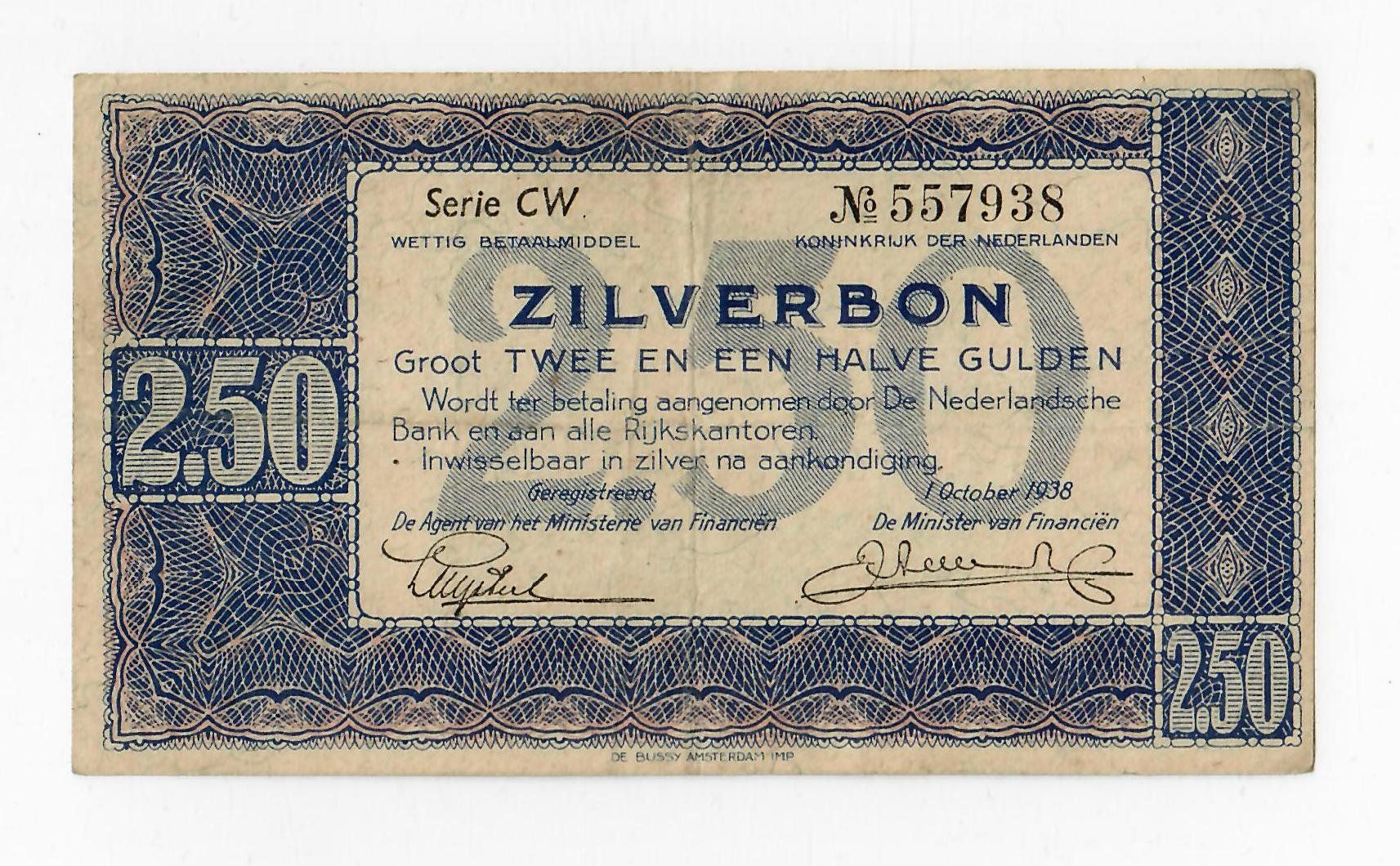 Banconote: Banknote Niederlande, 2 1/2 Gulden, 1938 – Usato da Landquart venduto da balboajimmy
