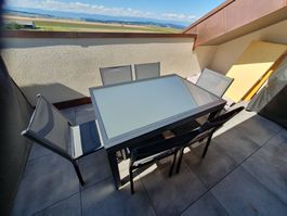 table extérieur verre 135cm avec rallonge 135cm + 6 chaises