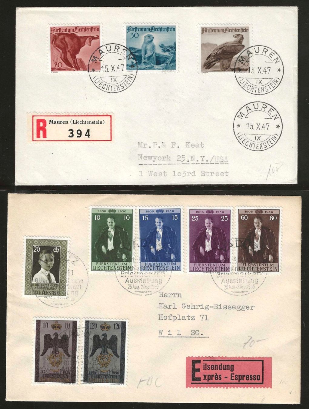 Tutti i francobolli: 2 FDC Liechtenstein 1947/1956 : KP 170.-- – Usato da Gümligen venduto da Geniusbuy