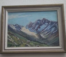 Gemälde Berglandschaft mit Hütte und Gletscher signiert