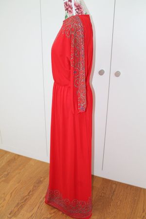 Rotes Maxikleid ☆ Aufdruck an Ärmeln & Saum Boho Vintage