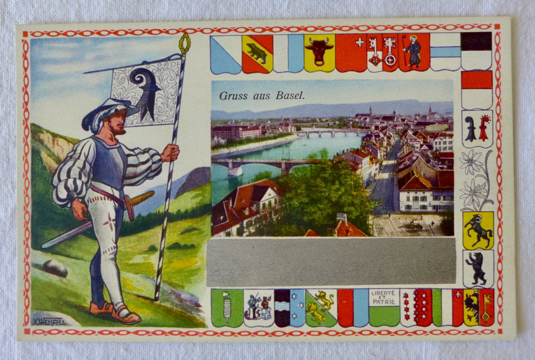 Cartoline postali: AK "Gruss aus BASEL", Teilansicht mit Schweizer Wappen – Usato da Wallisellen venduto da aloa09