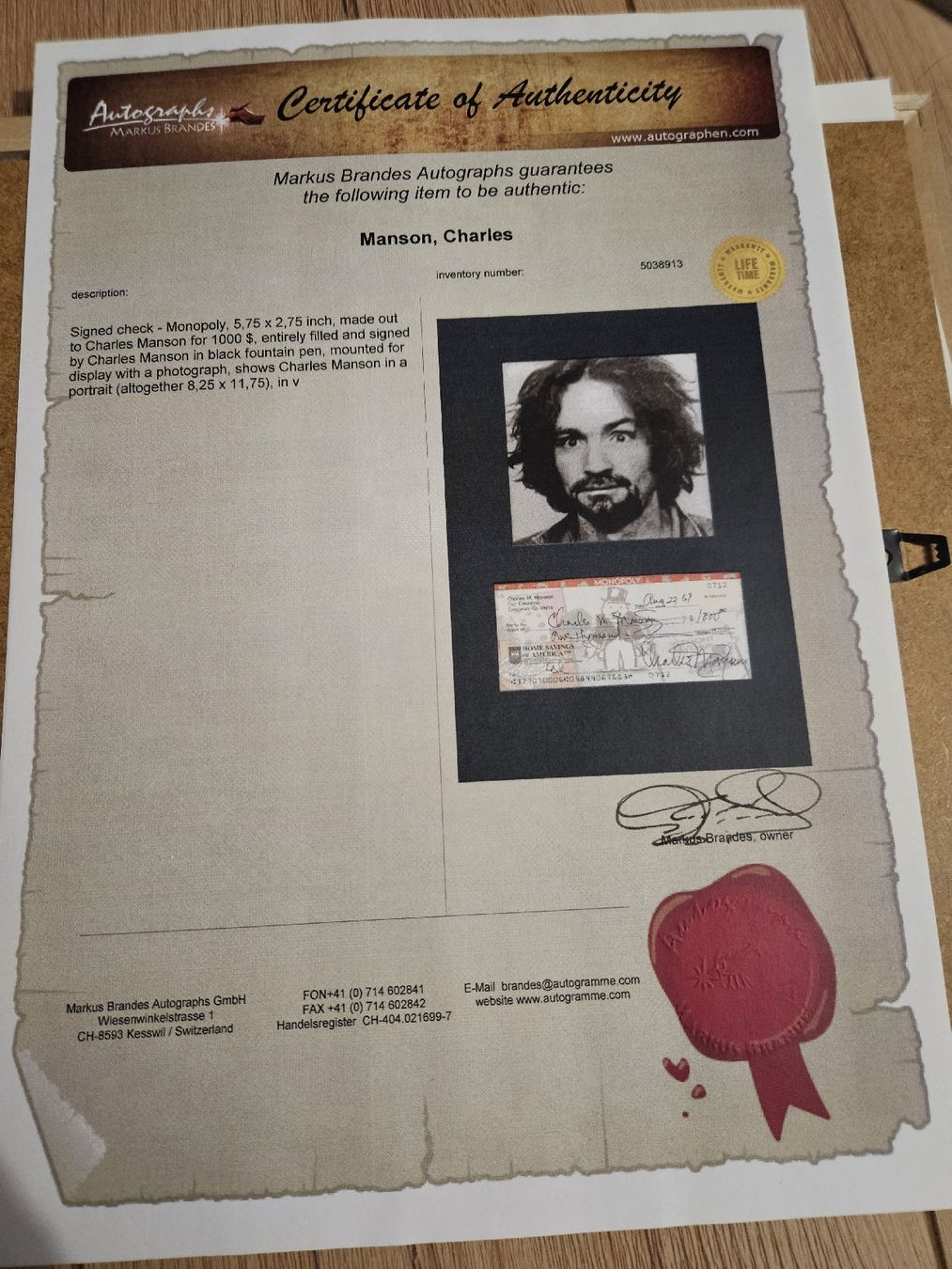 Autografi: Charles Manson Autogramm – Usato da Sargans venduto da Guinness07 2