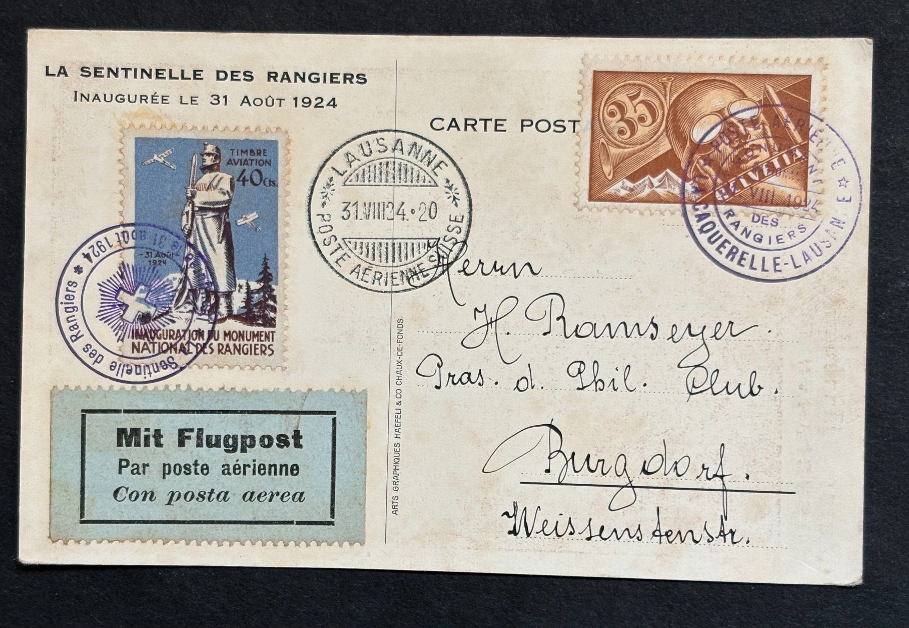 Tutti i francobolli: FLUGPOST LA SENTINELLE DES RANGIERS 1924 – Usato da Ostermundigen venduto da Heavenmaus75
