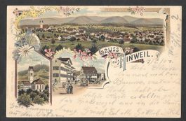 Hinwil farbige Lithografie 3 Bilder mit Dorfplatz etc.