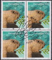 2012, Nr.1421 (Biber) Viererblock mit Ersttags-Stempel