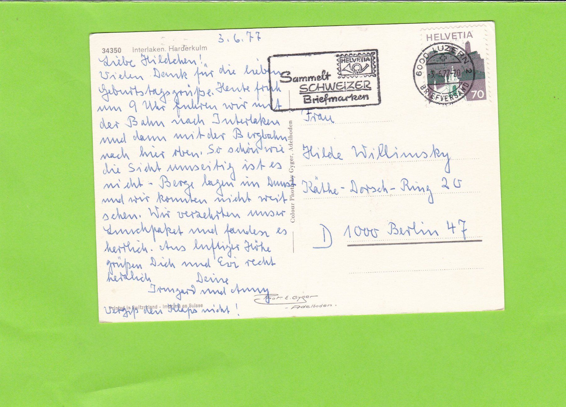Cartoline postali: Interlaken-Harderkulm-belebt – Usato da St. Peterzell venduto da neckertal 1