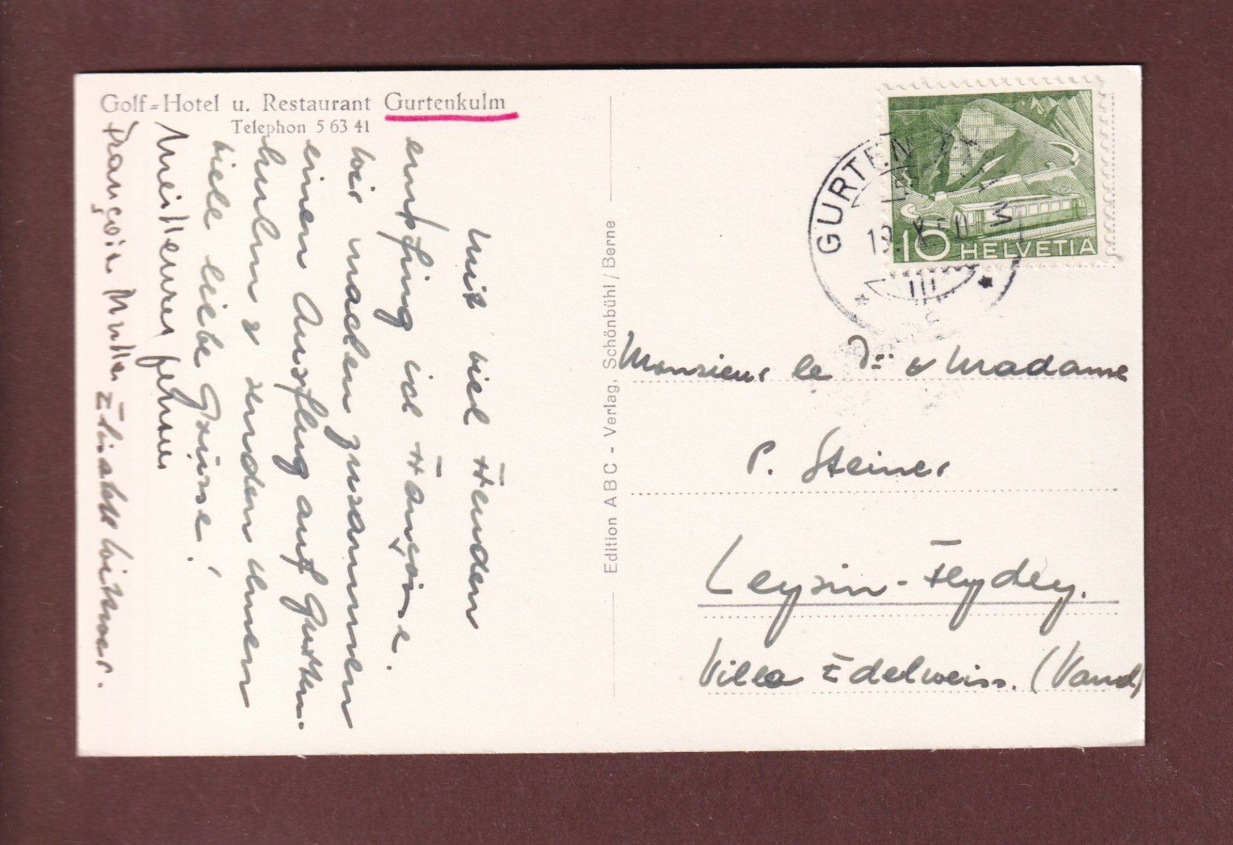 Cartoline postali: GURTENKULM - 1950 – Usato da Pully venduto da nicecards 1