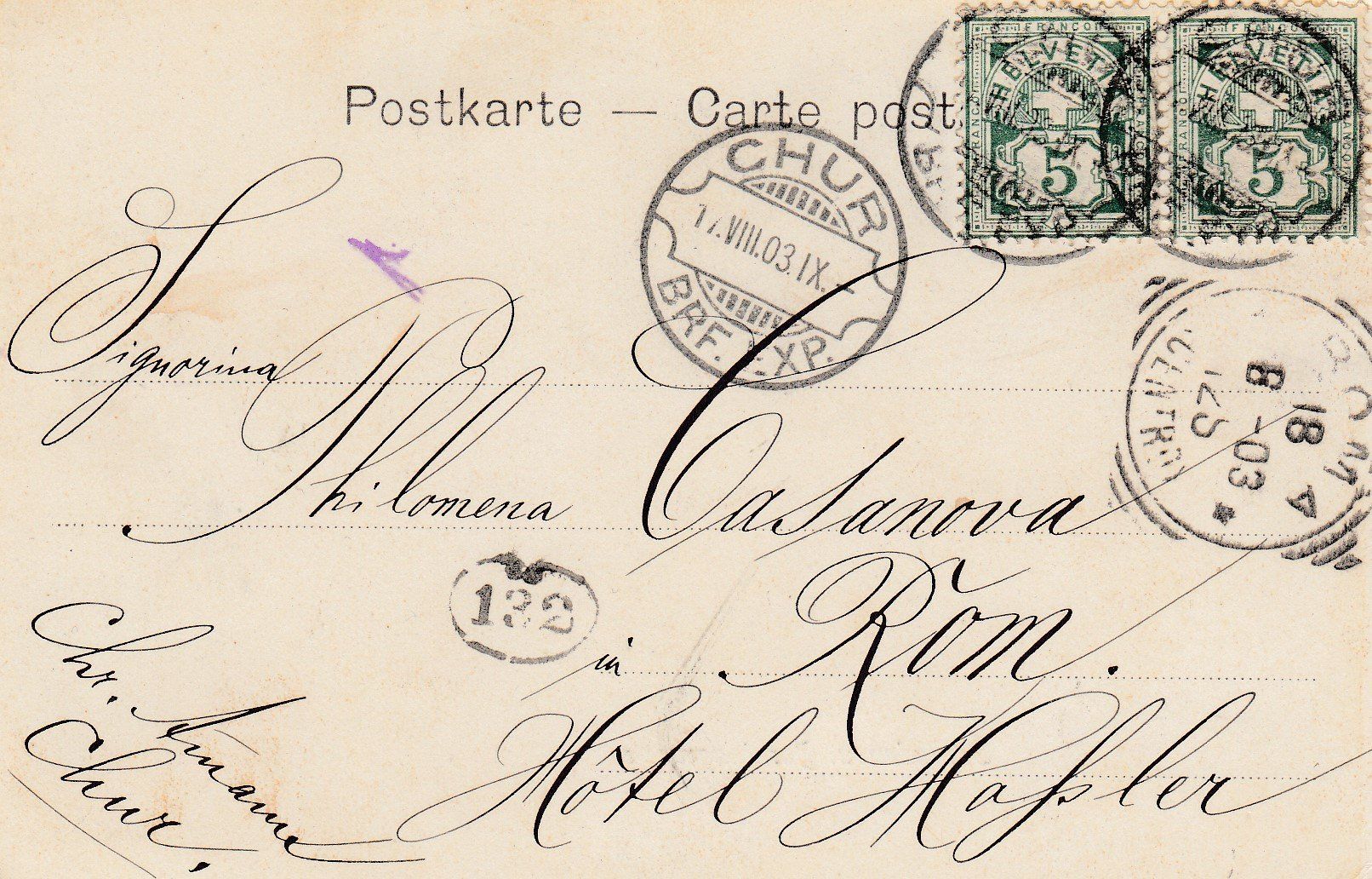 Cartoline postali: 1903, 2 bildrige AK Samaden - Rom, Transit Rasierklinge Chur – Usato da Rheinfelden venduto da iamello 1