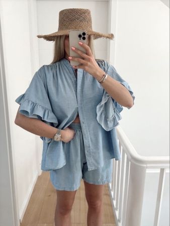 Bluse Shorts Set leichter Jeans Stoff hellblau Ibiza cos