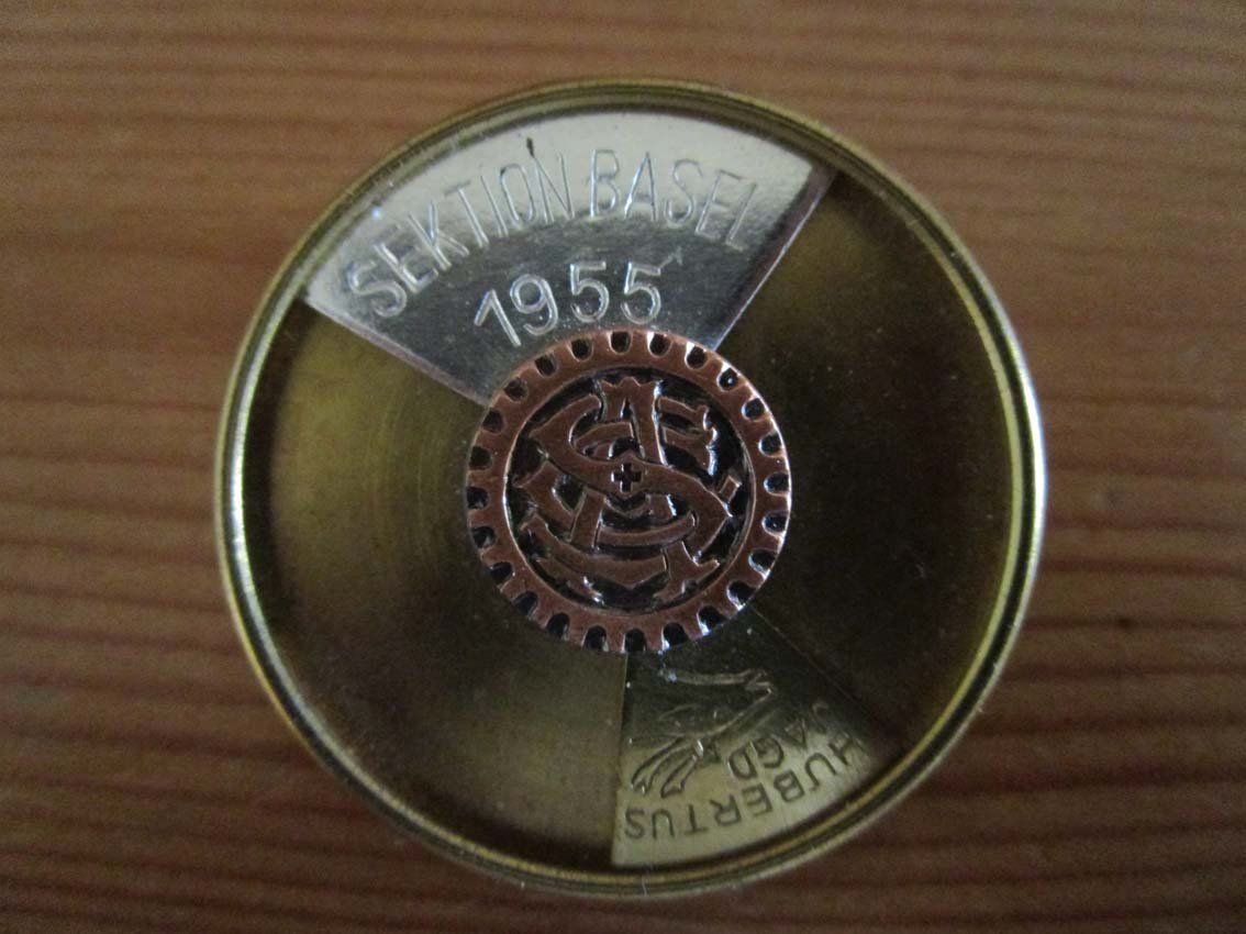 Basler Placchette & Badge: ACS Plakette Sektion Basel Hubertus Jagd 1955 – Usato da Arlesheim venduto da Prohof