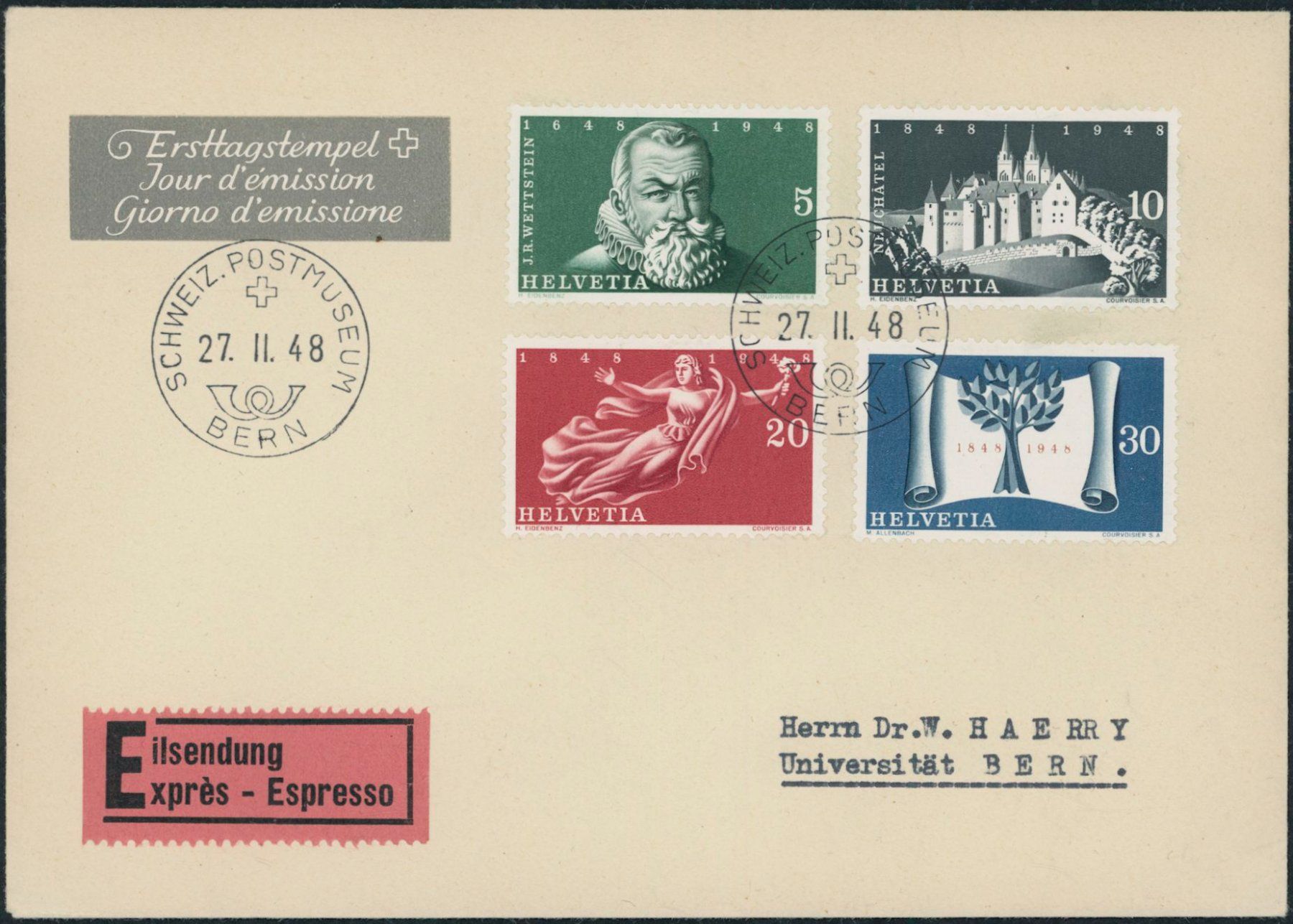 Tutti i francobolli: 1948 - Bundesstaat - Ersttagsbrief FDC ET - Haerry – Usato da Schindellegi venduto da leecollect