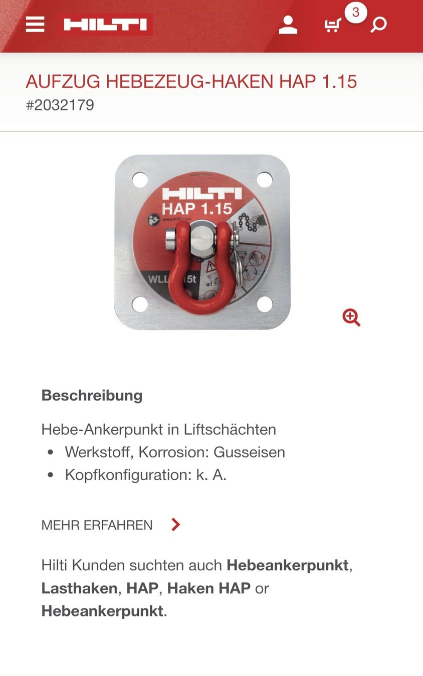 Hilti Alle Werkzeuge: Hilti Lastanschlagpunkt HAP 1.15 mit 4 M12 Segmentanker – Neu (gemäss Beschreibung) aus Buttisholz von REX001