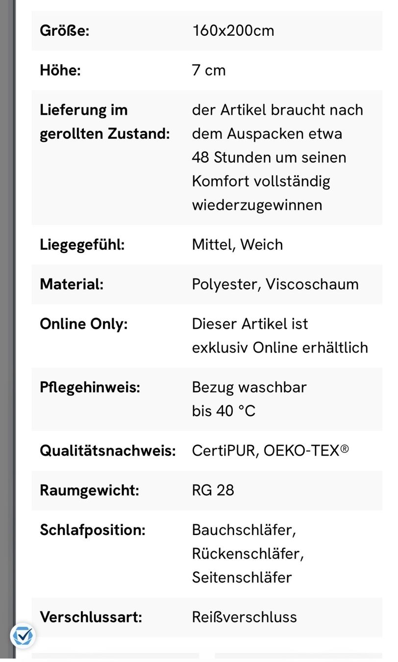 Materassi: Viscoschaum Topper 160x200cm – Nuovo (secondo la descrizione) da Beinwil am See venduto da hugi016 1