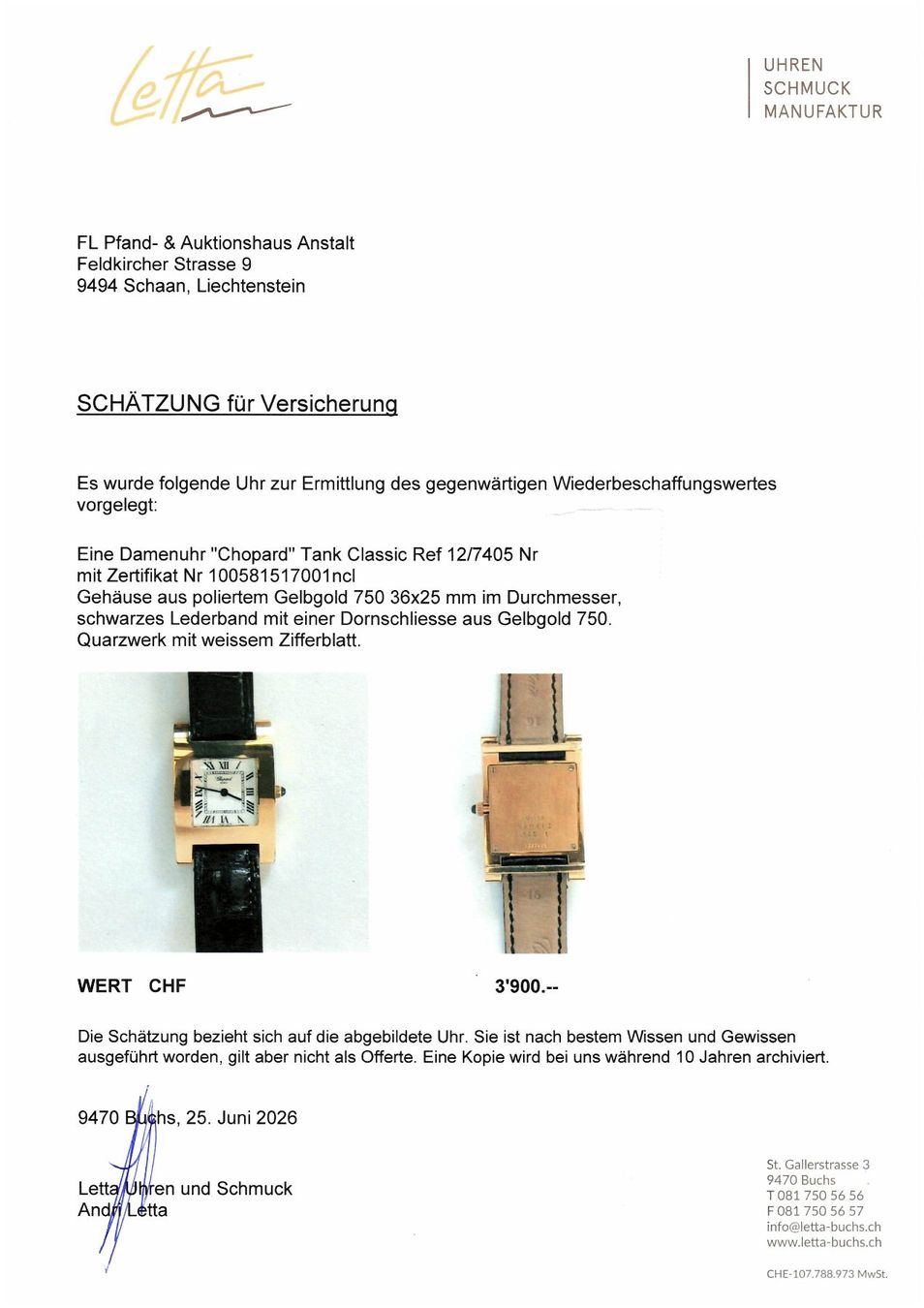 Chopard Uhren: CHOPARD TANK CLASSIC REF 12/705 18 KARAT GOLD – Gebraucht aus Schaan von Pfandhaus-LI 9