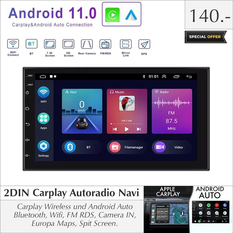 2 DIN Autoradio Carplay Navi USB Android (Neu und originalverpackt) in ...