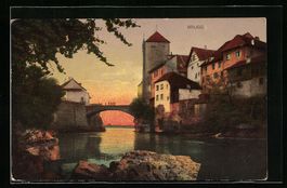 AK Brugg, Flusspartie mit Häusern, 1916