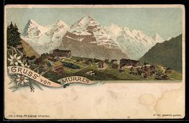 Lithographie Mürren, Siedlung mi Alpenpanorama