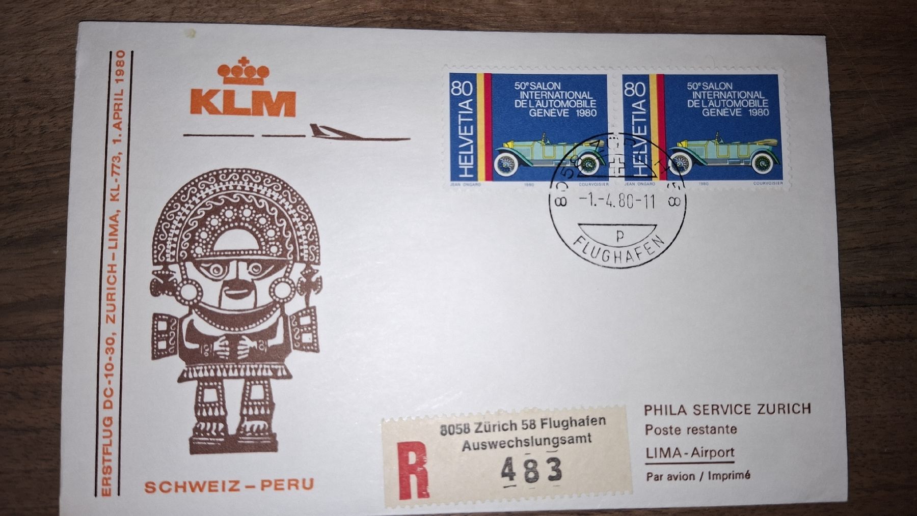 Tutti i francobolli: KLM Schweiz - Peru 01.04.1980 – Usato da Balgach venduto da SIMEON27