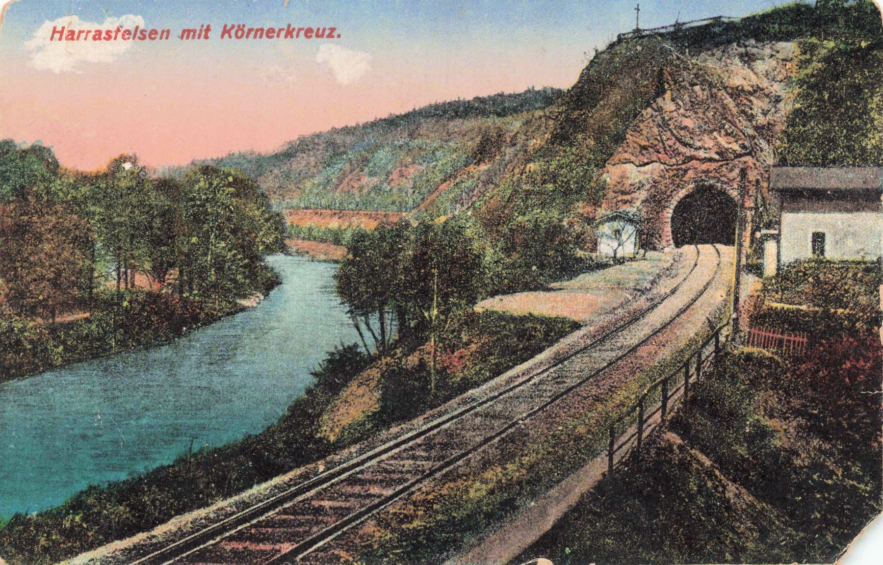 Cartoline postali: Harrasfelsen mit Körnerkreuz Eisenbahn – Usato da Biasca venduto da Blenio71