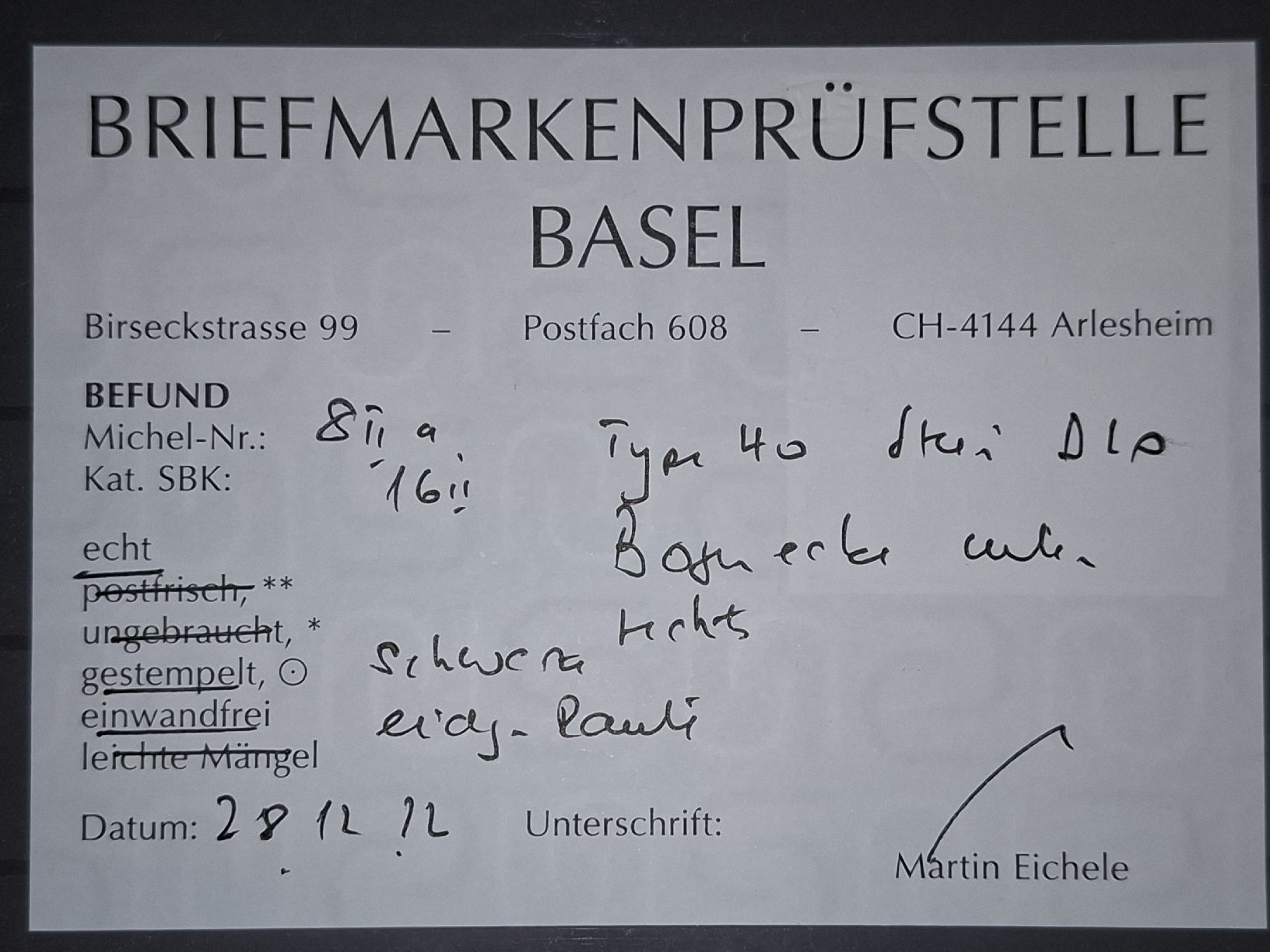 Alle Briefmarken: Rayon 16II Typ 40 D - LO  Bogenecke mit Befund  – Gebraucht aus Balgach von SIMEON27 3