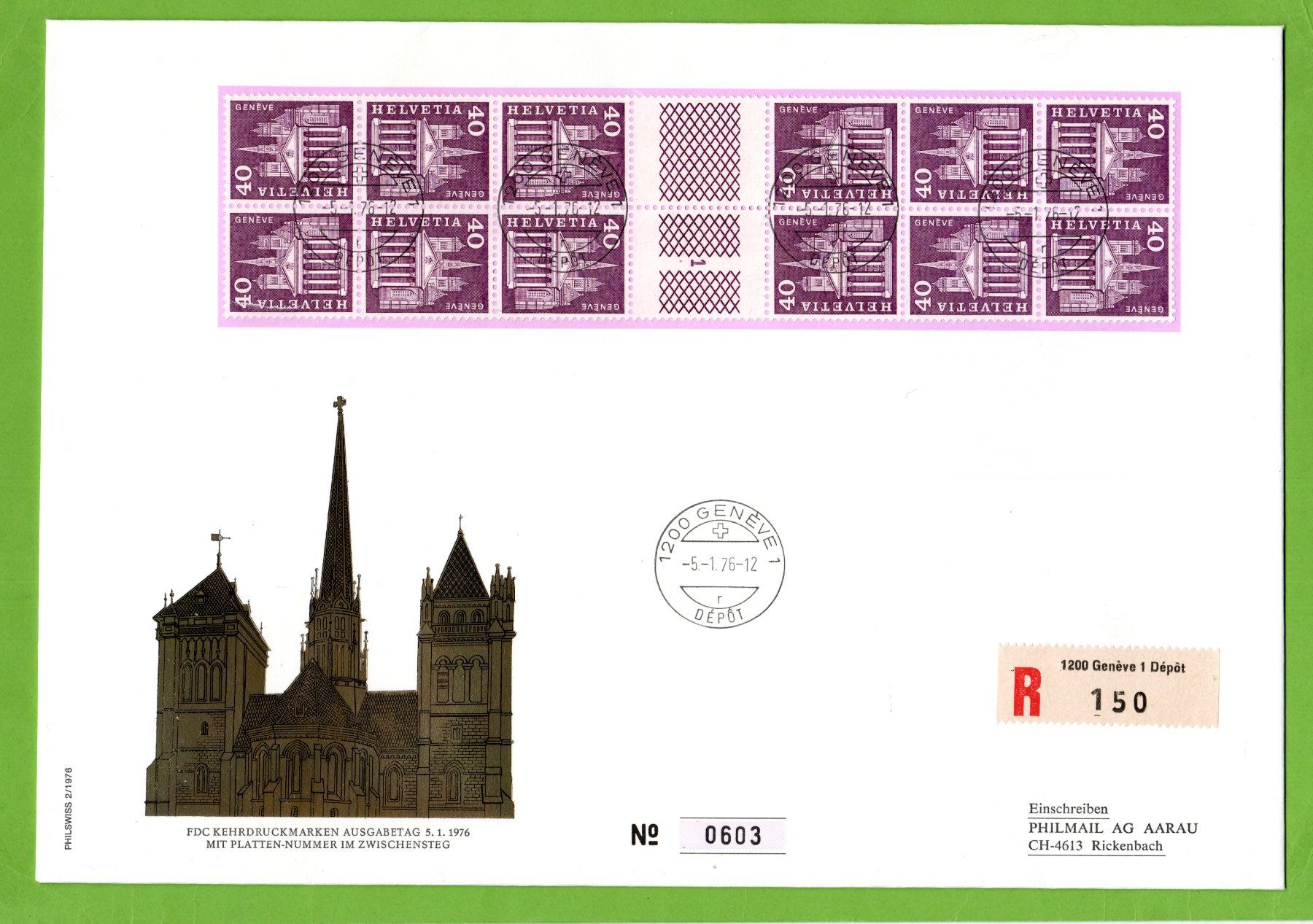 Alle Briefmarken: 1976 FDC Kehrdruckmarken mit Plattennummer Genf – Gebraucht aus Stein am Rhein von Huehnerhund