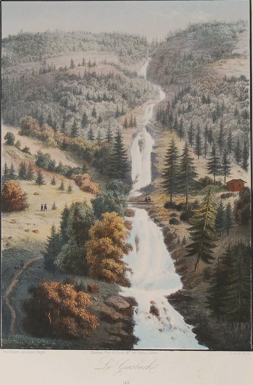 Incisioni: Giessbach altkolorierte Lithographie von Deroy – Usato da Rafz venduto da Helvet32 1