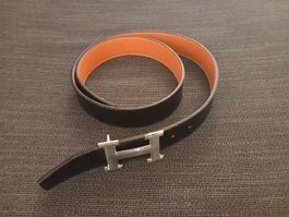Hermes Wendegürtel Leder schwarz orange Grösse 120 cm