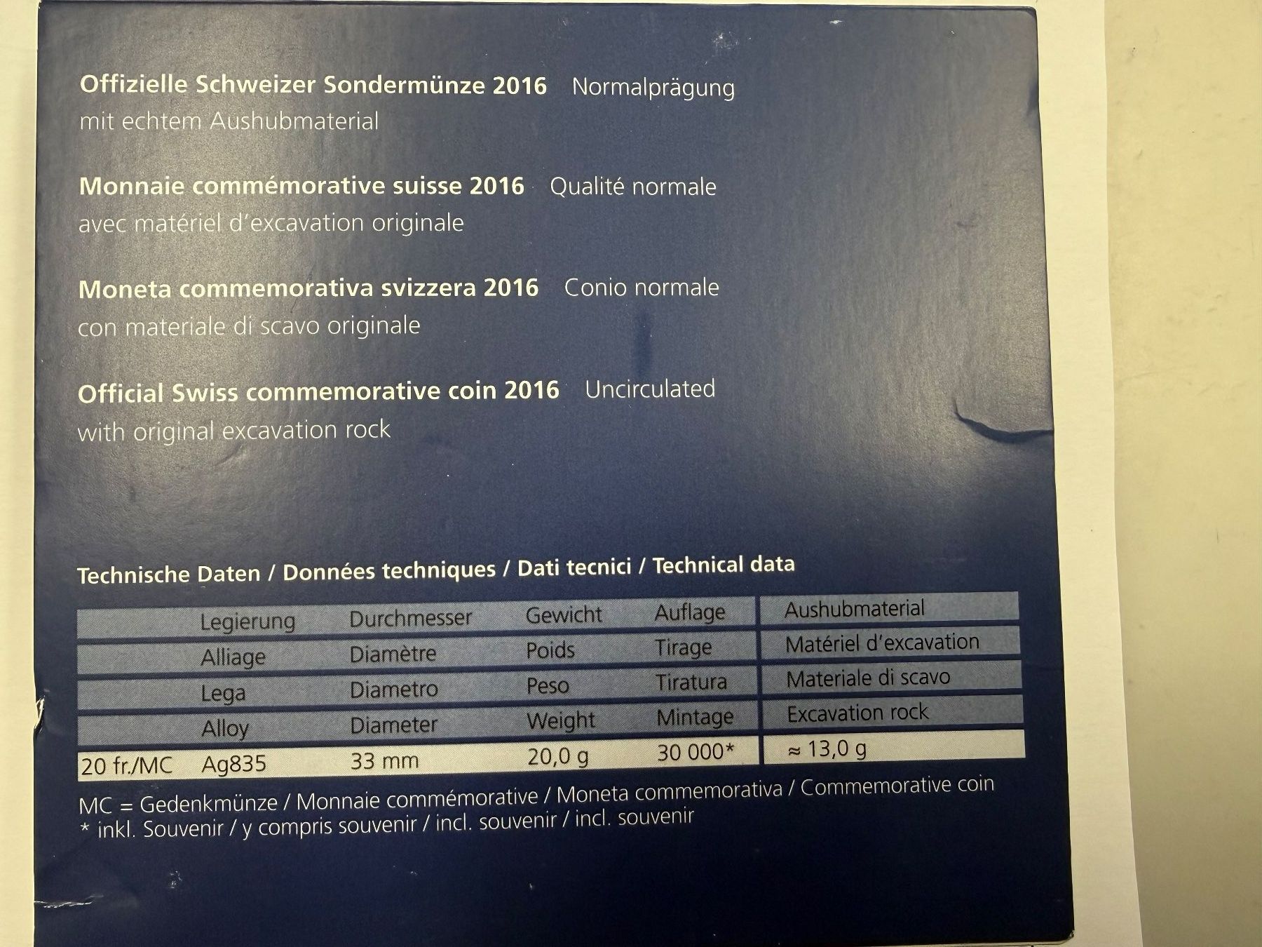 Tutti le monete: (370) 20 Franken 2016, Gottardo mit echtem Gestein, stgl – Usato da Rüthi (Rheintal) venduto da erdnuessli1 2