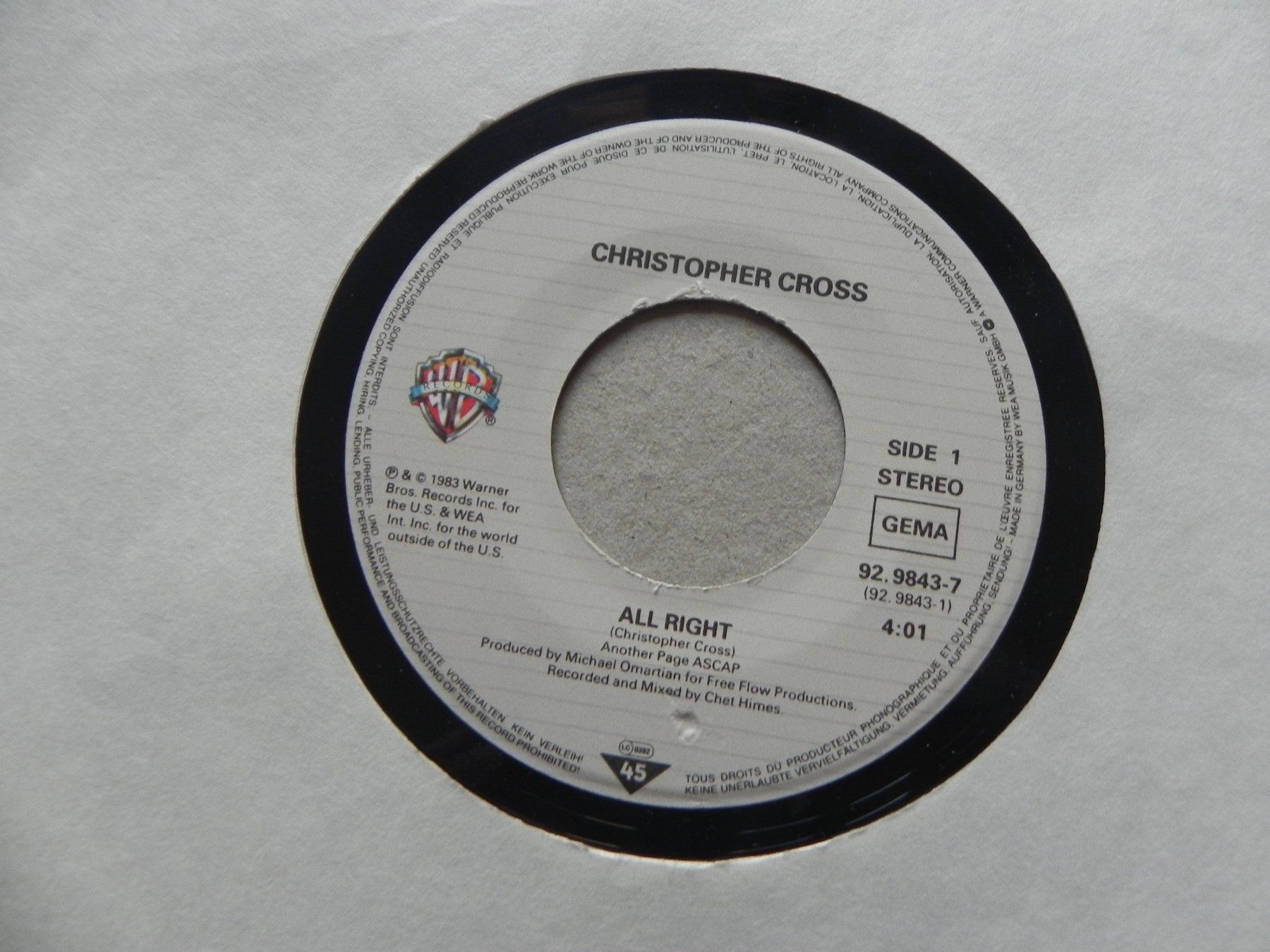 Schallplatten: Single 7 " USA Rock Sänger Christopher Cross 1983 All Right – Gebraucht aus Siebnen von krimsie 2