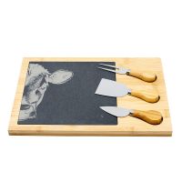 Käseplatte / Käsebrett Kuh Schieferplatte 3-teiliges Besteck