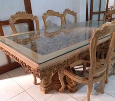 Tisch Lounge Esstisch 3D Relief Tiefengeschnitzt Teak Holz