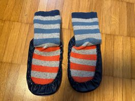 Lederpuschen Hausschuhe gestreift Gr. 27-28 blau/grau/orange