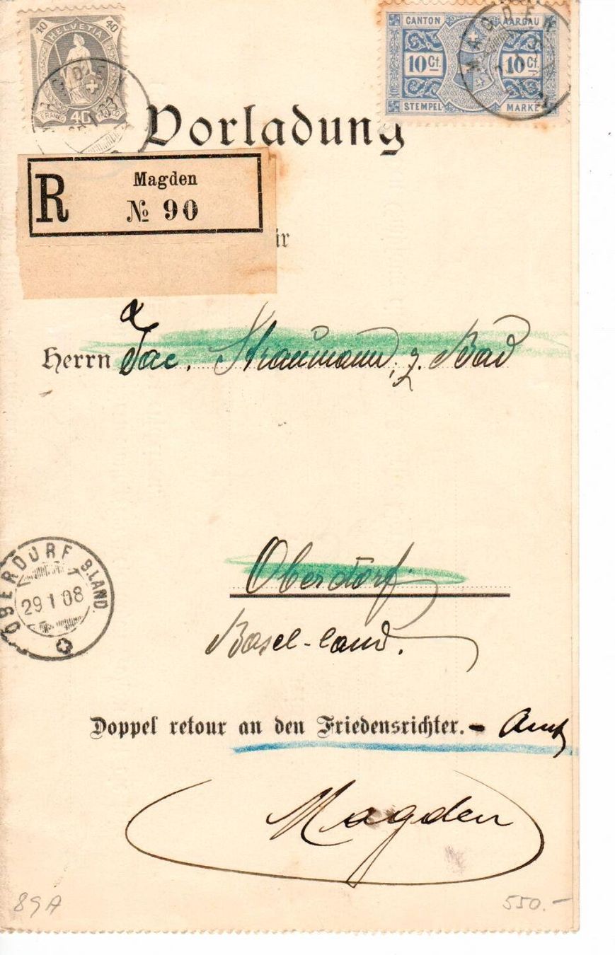 Tutti i francobolli: R-Brief Magden nach Oberdorf BL 1908 – Usato da Wolhusen venduto da Curver9