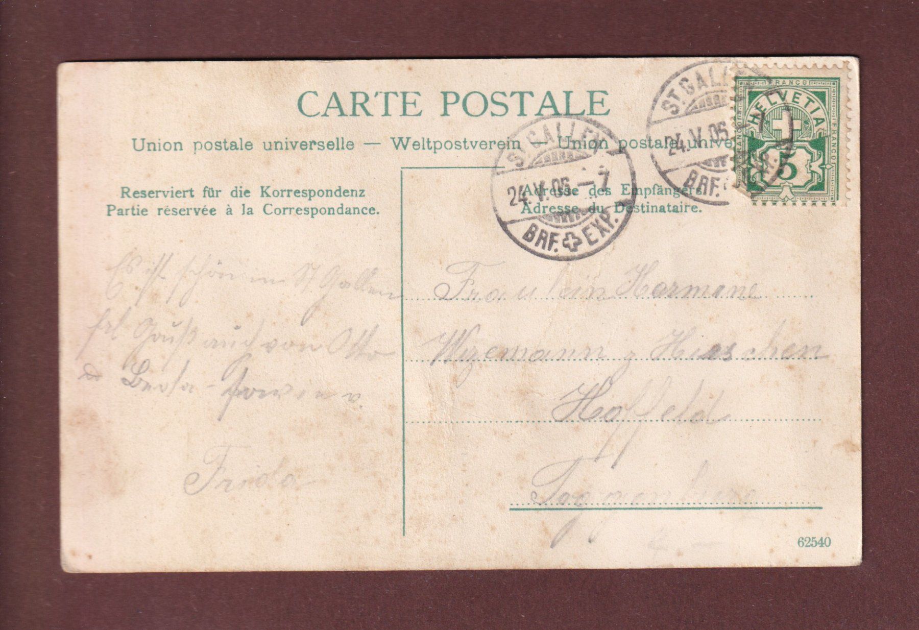 Cartoline postali: ST. GALLEN - Rosenberg - 1905 // Falte // – Usato da Pully venduto da nicecards-shop 1