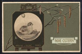 Litho Osterküken auf der Staffelei, Fro