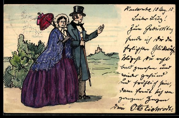 Cartoline postali: Handgemalt sign. Otto Eichrodt: Karlsruh – Usato da Berlin venduto da bartko-reher