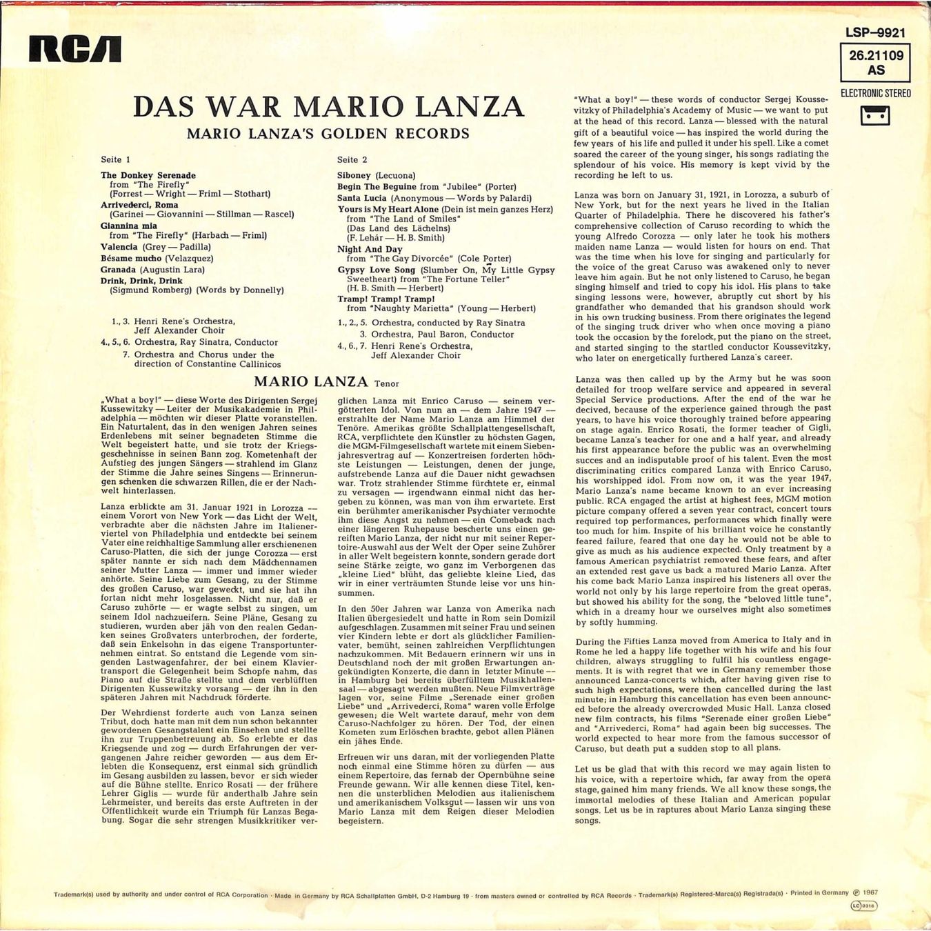 Schallplatten: LP Das war Mario Lanza - Golden Records – Gebraucht aus Trimmis von Beax72 1