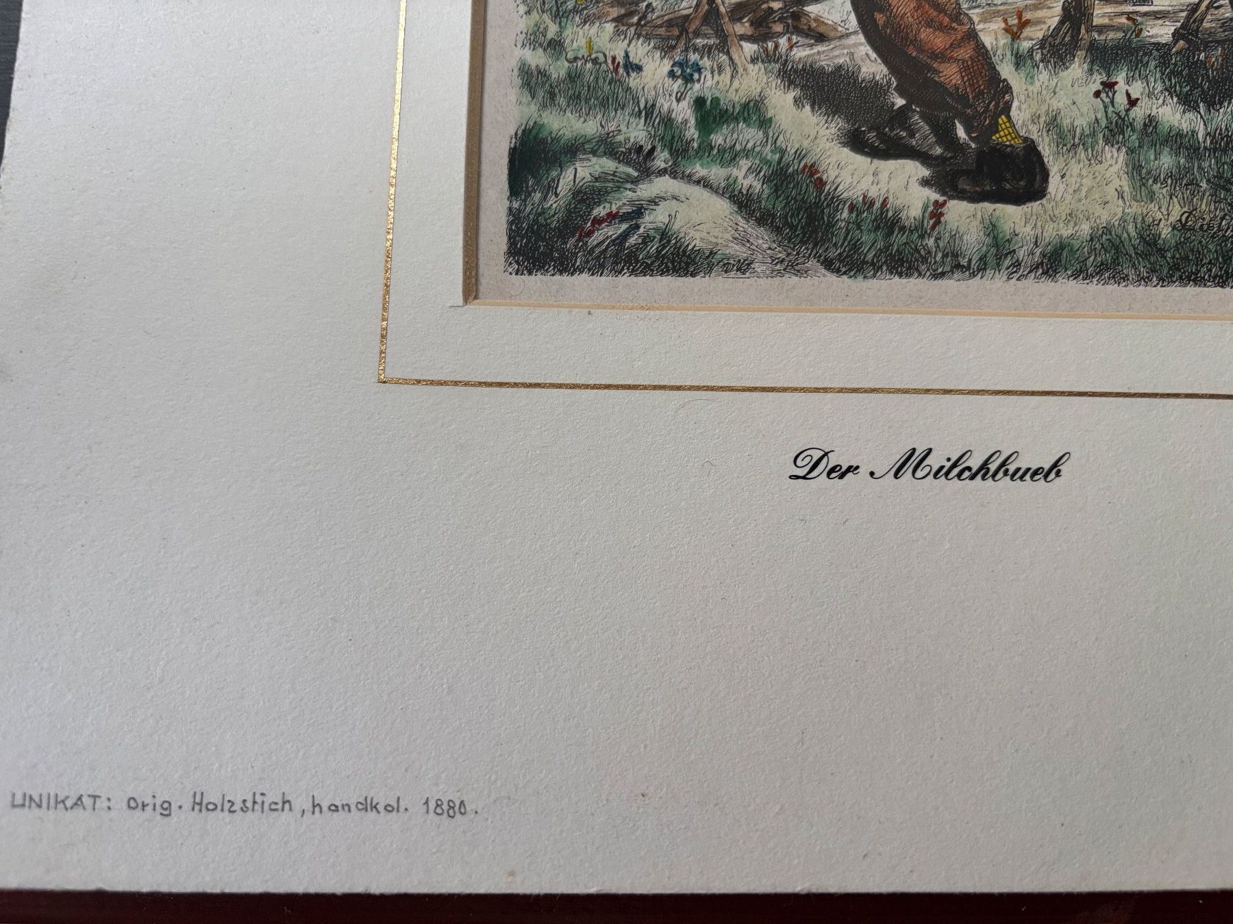 Incisioni: Original Holzschtich "Der Milchbub", handkoloriert 1880 – Usato da Uitikon Waldegg venduto da Mrost 1